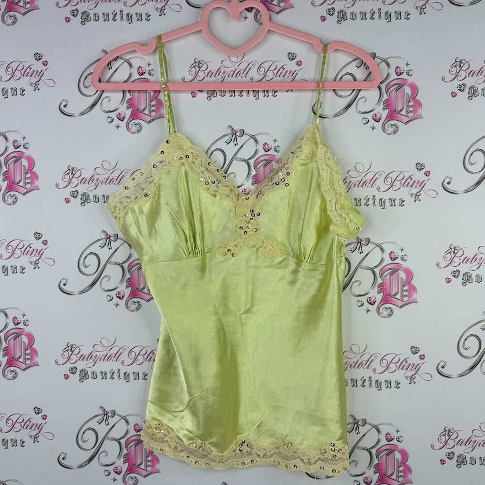 Seduction tank top silky satiny lime green pastel with beige gold sequin lace